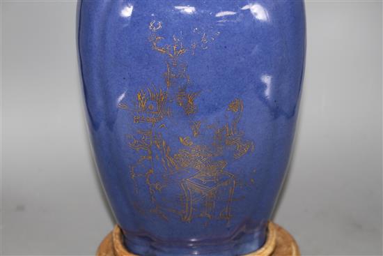 A Chinese blue glazed porcelain lamp base vase, height of the vase 38cm, overall height 62cm